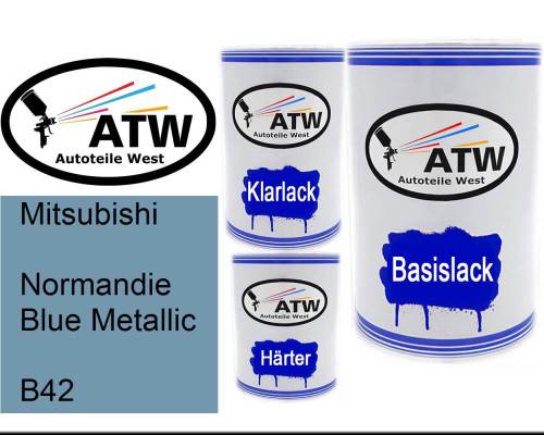 Mitsubishi, Normandie Blue Metallic, B42: 500ml Lackdose + 500ml Klarlack + 250ml Härter - Set, von ATW Autoteile West.